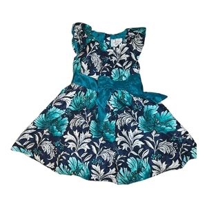 Gymboree Teal and Navy Floral Girls Party Dress with Bow